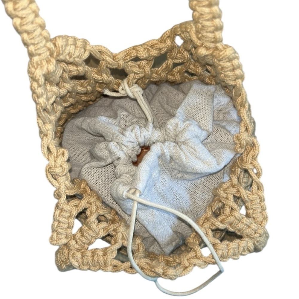 Summer Crochet Rope Shoulder Bag Tote with Drawstring Insert in Tan - Picture 6 of 8
